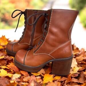 Vtg Frye Boots Villager Lace Up Chunky Shoes Leather Women’s 7 Cognac Tan